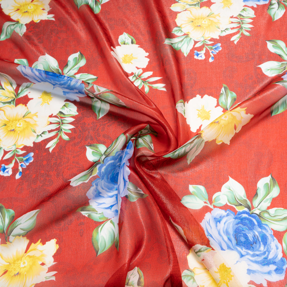 Rose Printed Red Silk Lamé