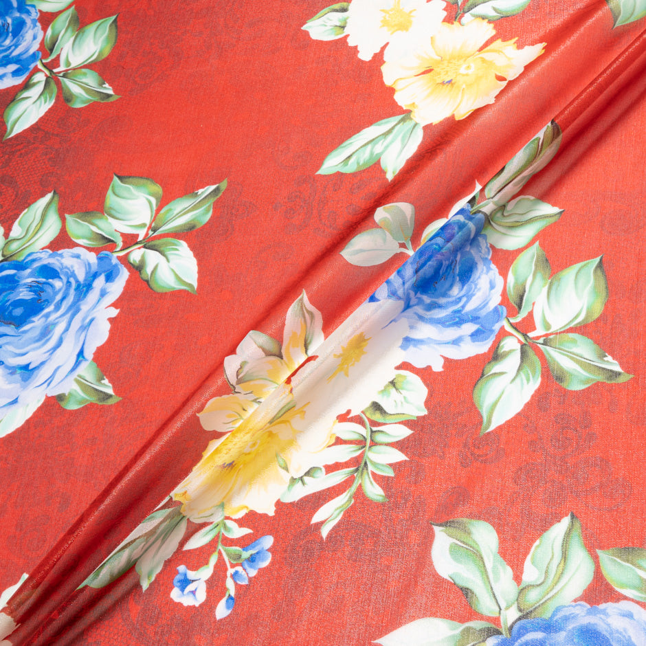 Rose Printed Red Silk Lamé