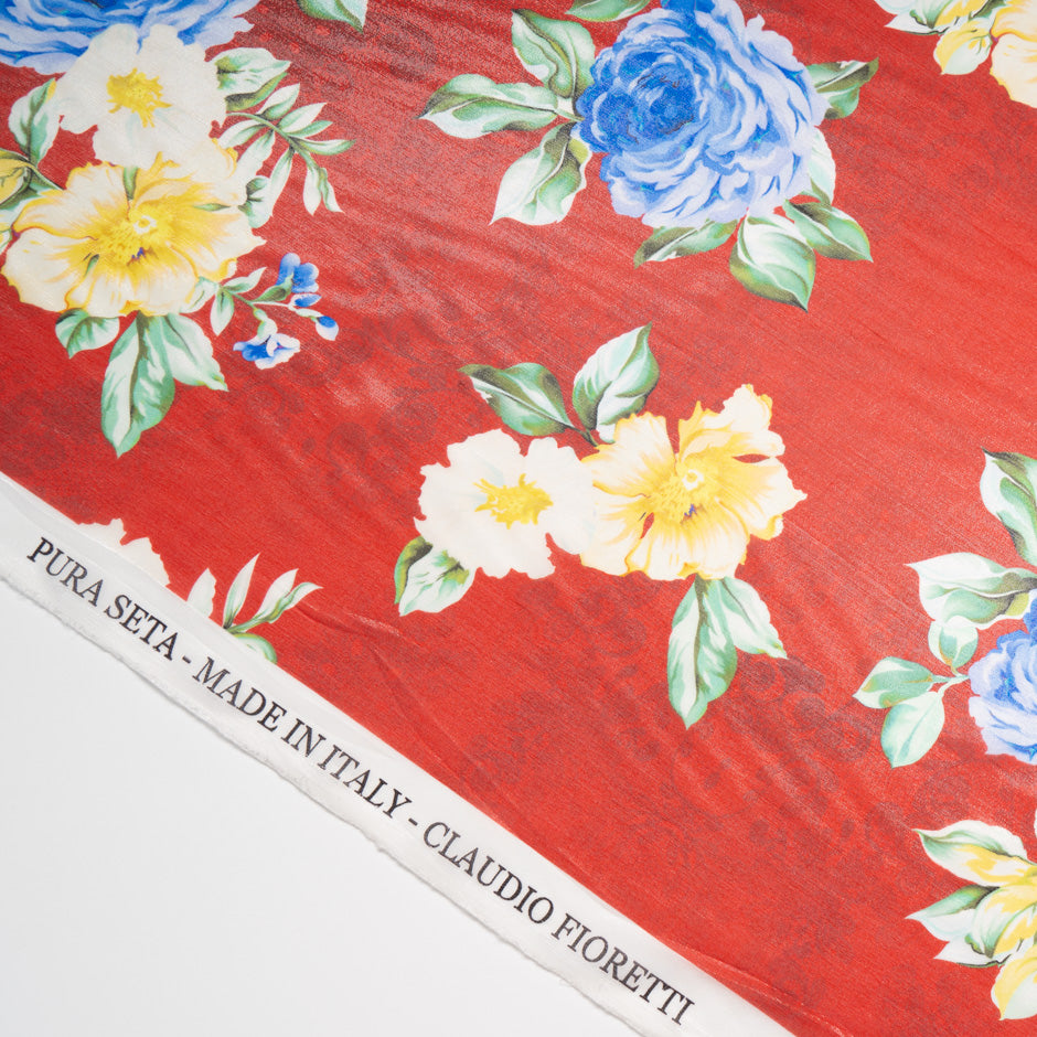 Rose Printed Red Silk Lamé