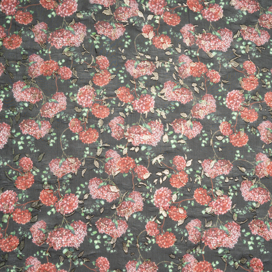 Red Floral Printed Black Silk Metallic Georgette