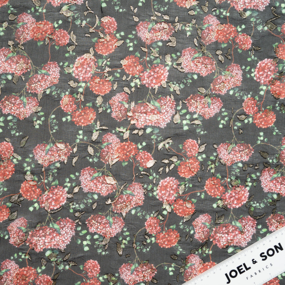 Red Floral Printed Black Silk Metallic Georgette