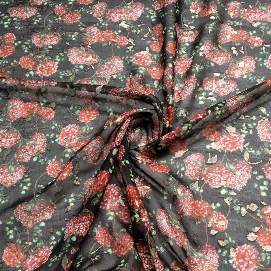 Red Floral Printed Black Silk Metallic Georgette