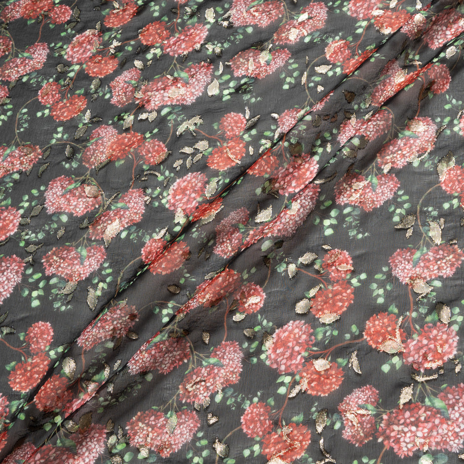 Red Floral Printed Black Silk Metallic Georgette