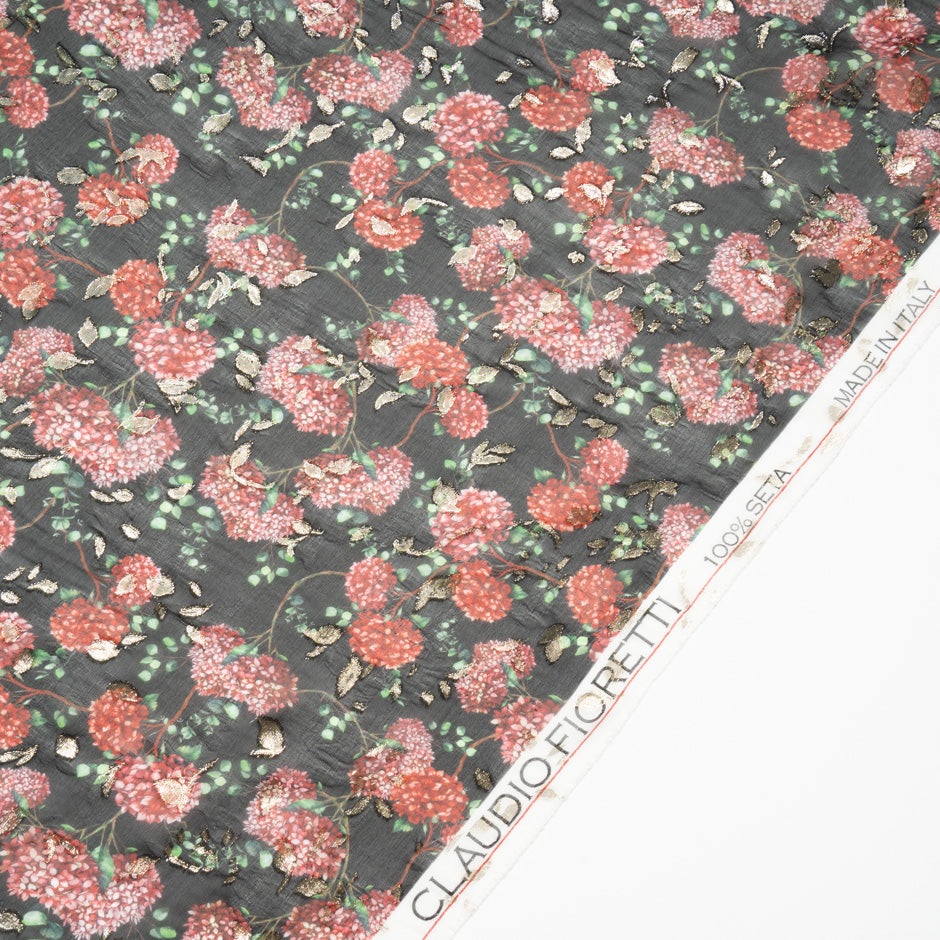 Red Floral Printed Black Silk Metallic Georgette