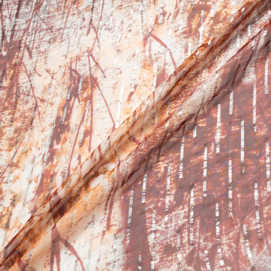 Abstract Printed Silver Metallic Striped Georgette