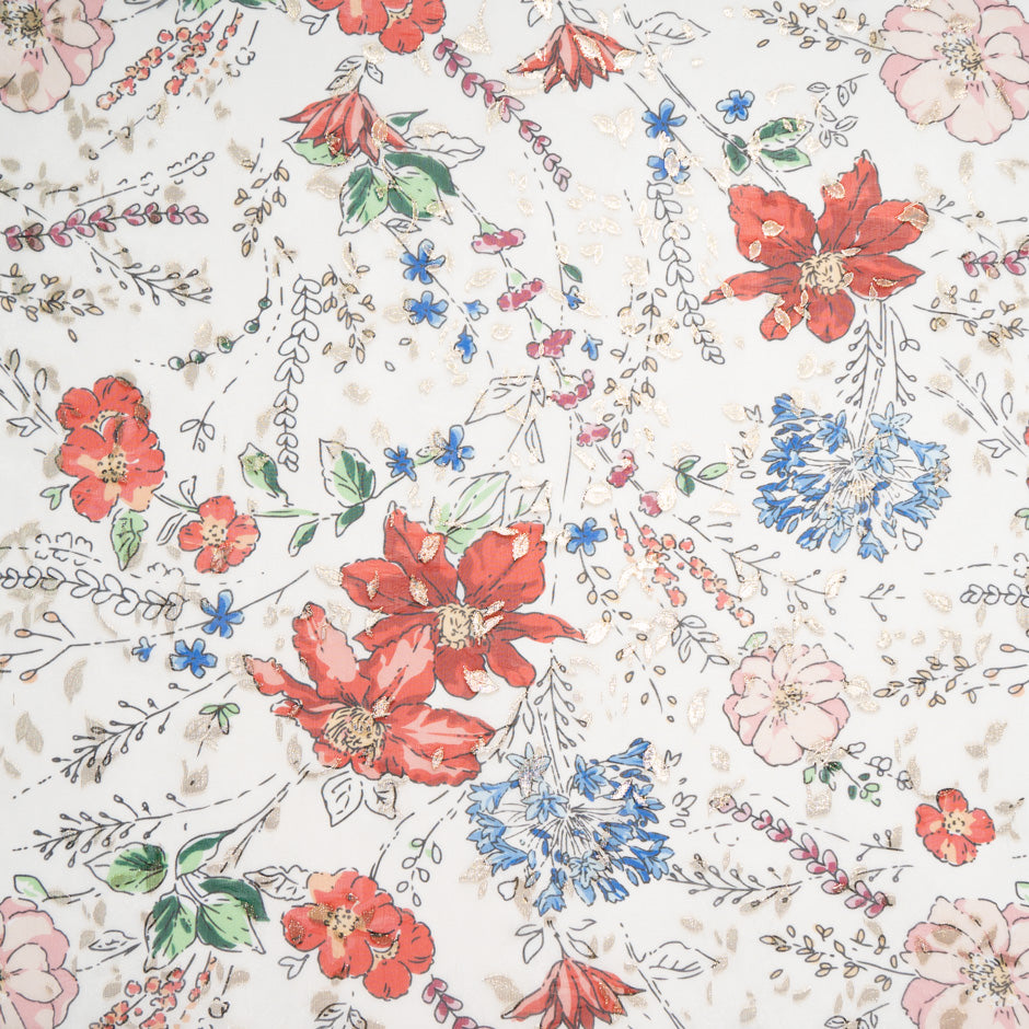 Cherry Red Floral Printed Silk Metallic Georgette