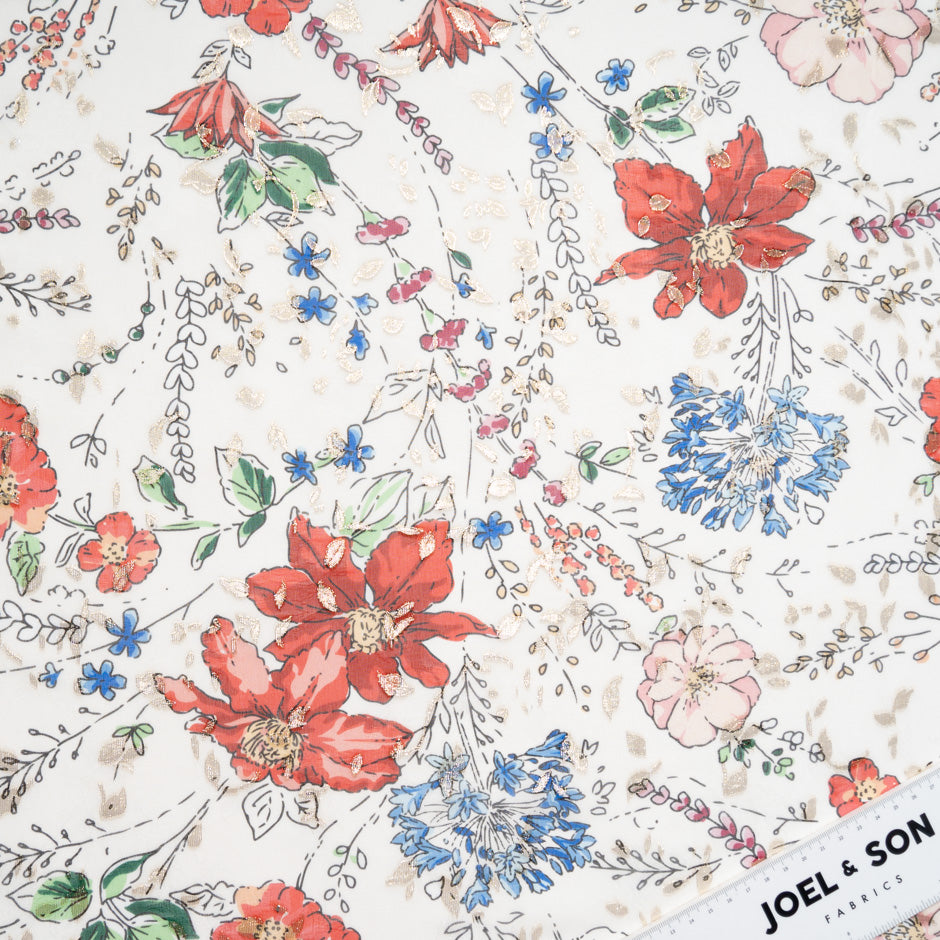 Cherry Red Floral Printed Silk Metallic Georgette