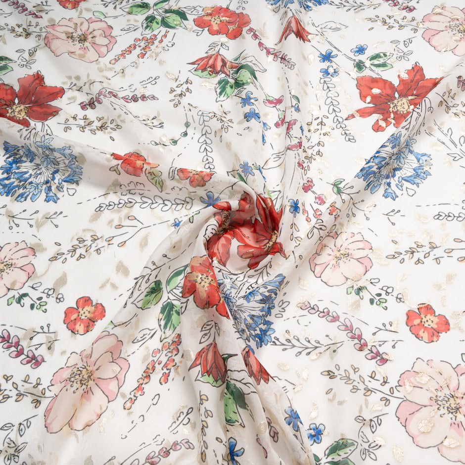 Cherry Red Floral Printed Silk Metallic Georgette