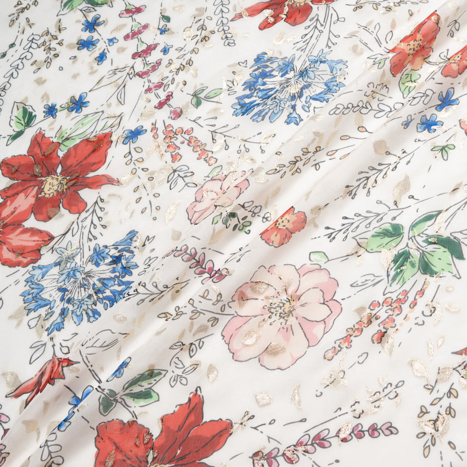 Cherry Red Floral Printed Silk Metallic Georgette