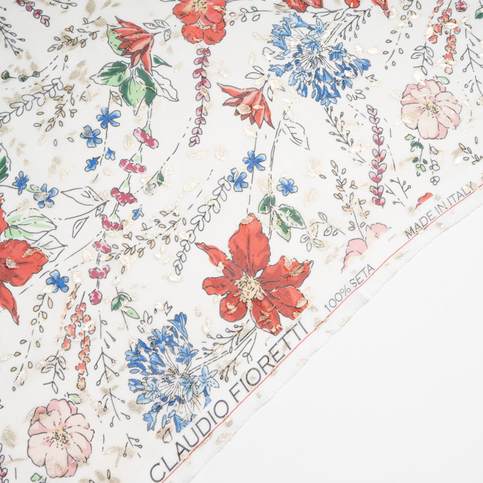 Cherry Red Floral Printed Silk Metallic Georgette