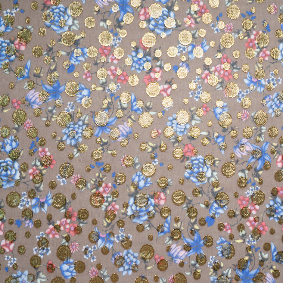 Floral Print Metallic Spotted Taupe  Silk Georgette