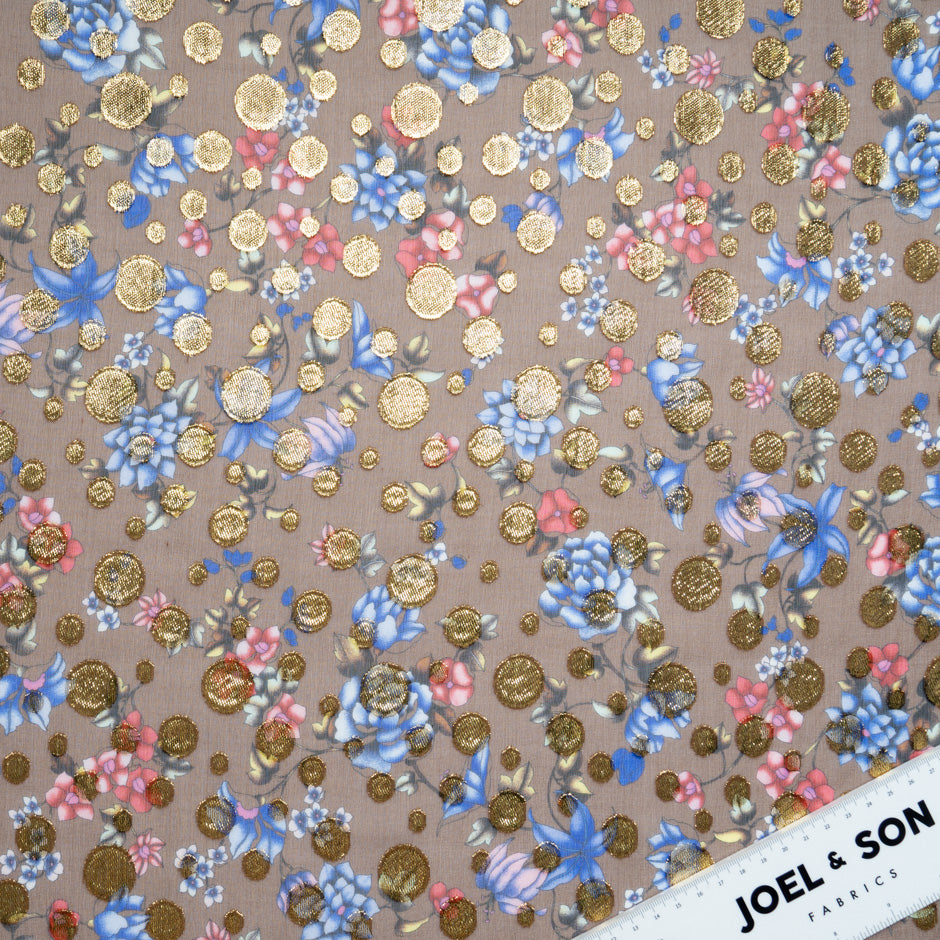 Floral Print Metallic Spotted Taupe  Silk Georgette
