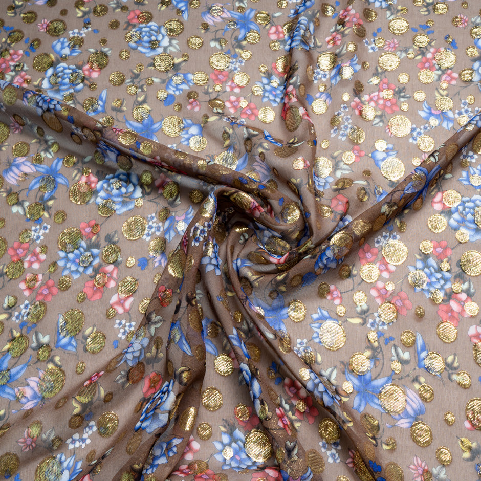 Floral Print Metallic Spotted Taupe  Silk Georgette