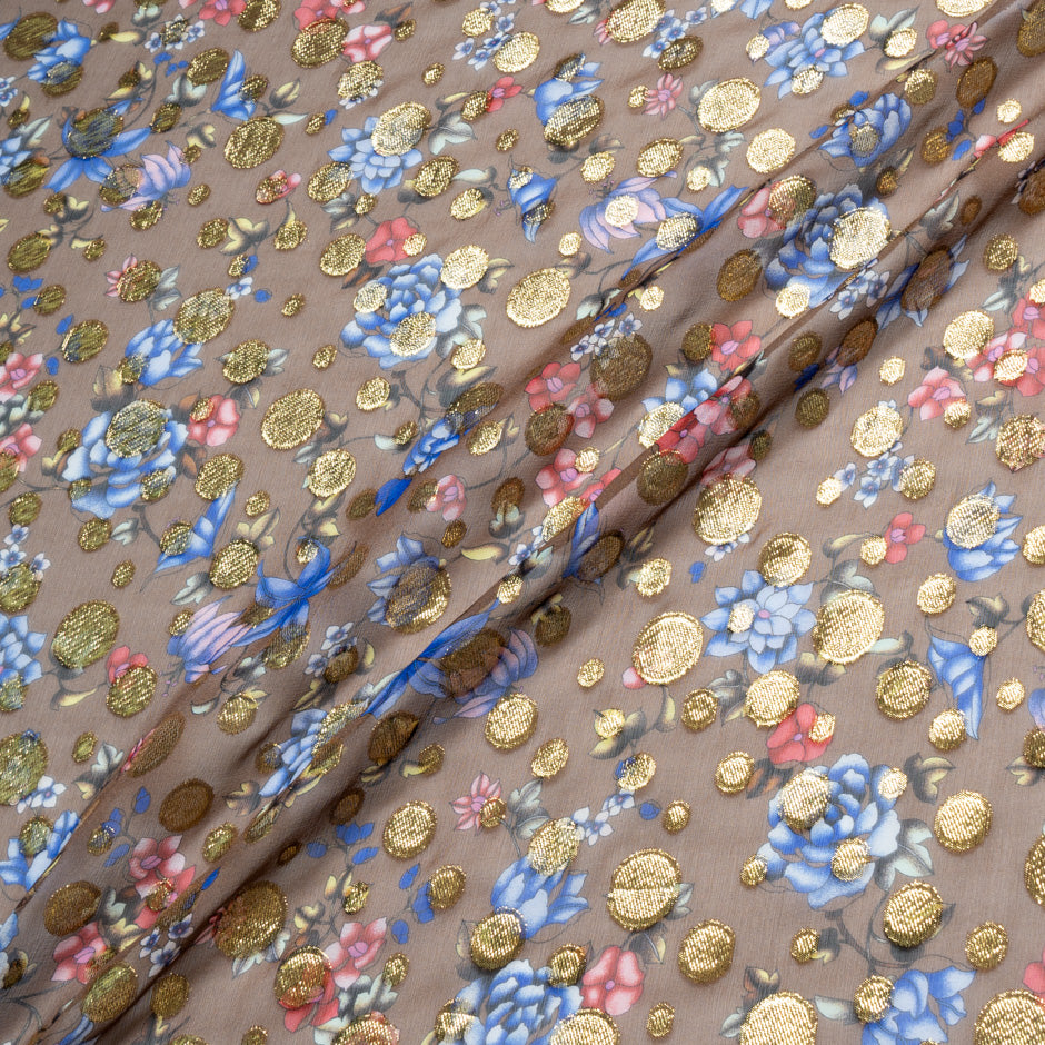 Floral Print Metallic Spotted Taupe  Silk Georgette