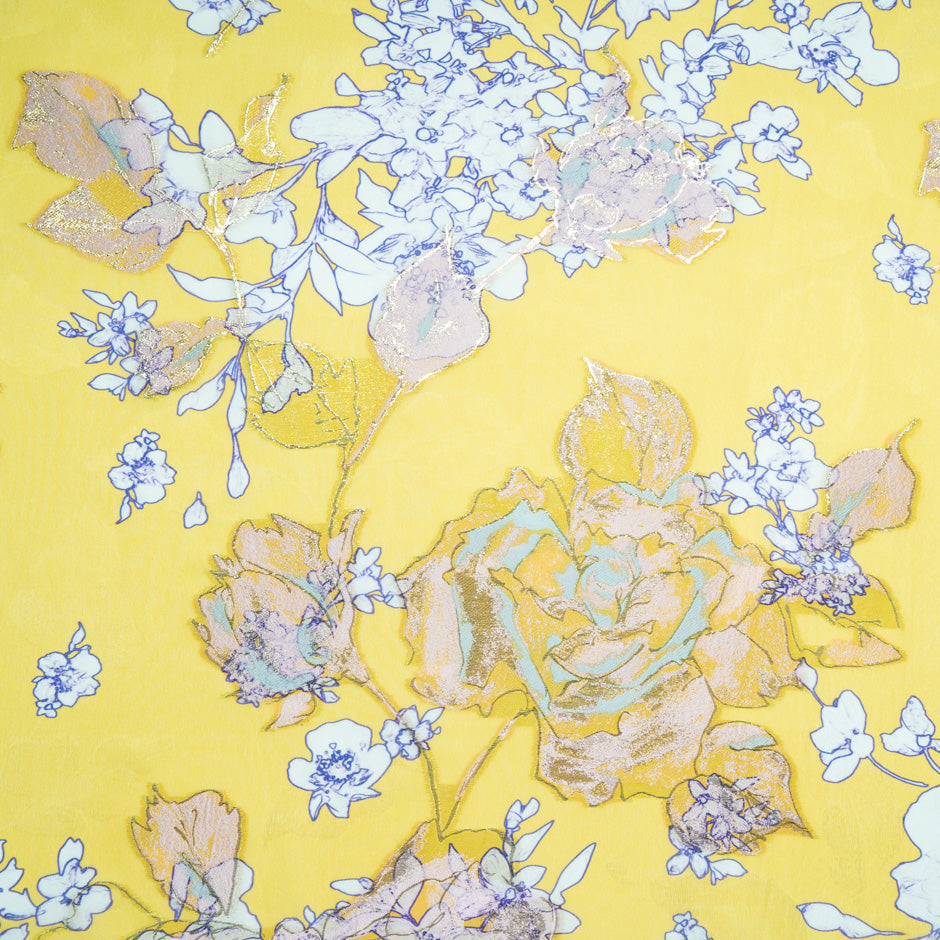 Floral Printed Yellow Silk Metallic Jacquard