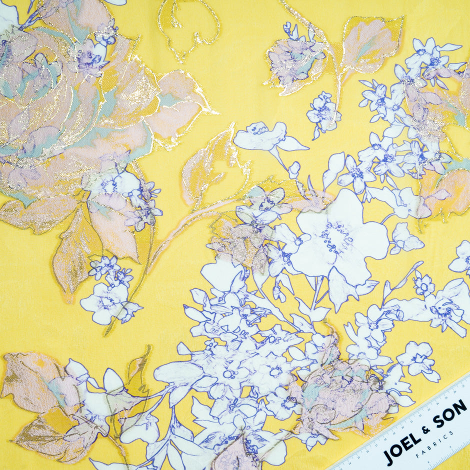 Floral Printed Yellow Silk Metallic Jacquard