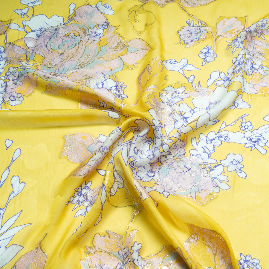 Floral Printed Yellow Silk Metallic Jacquard