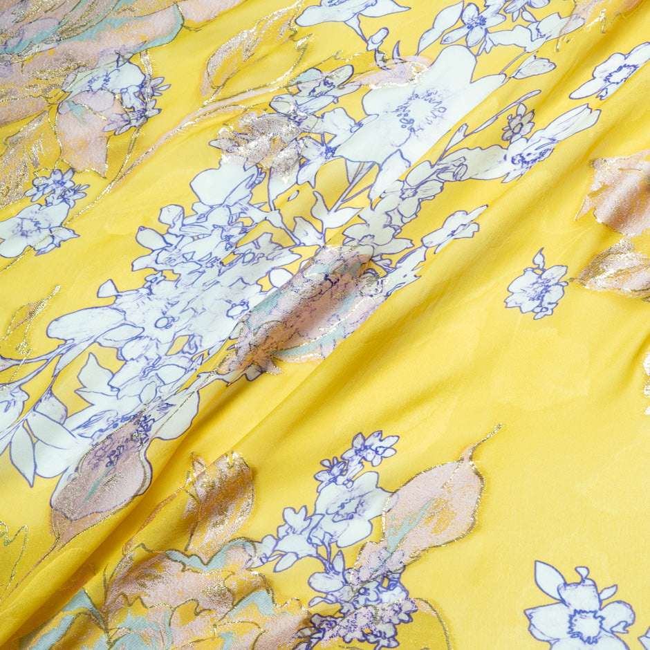 Floral Printed Yellow Silk Metallic Jacquard