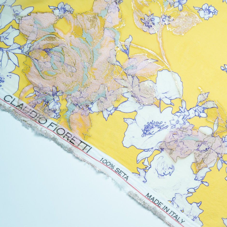 Floral Printed Yellow Silk Metallic Jacquard