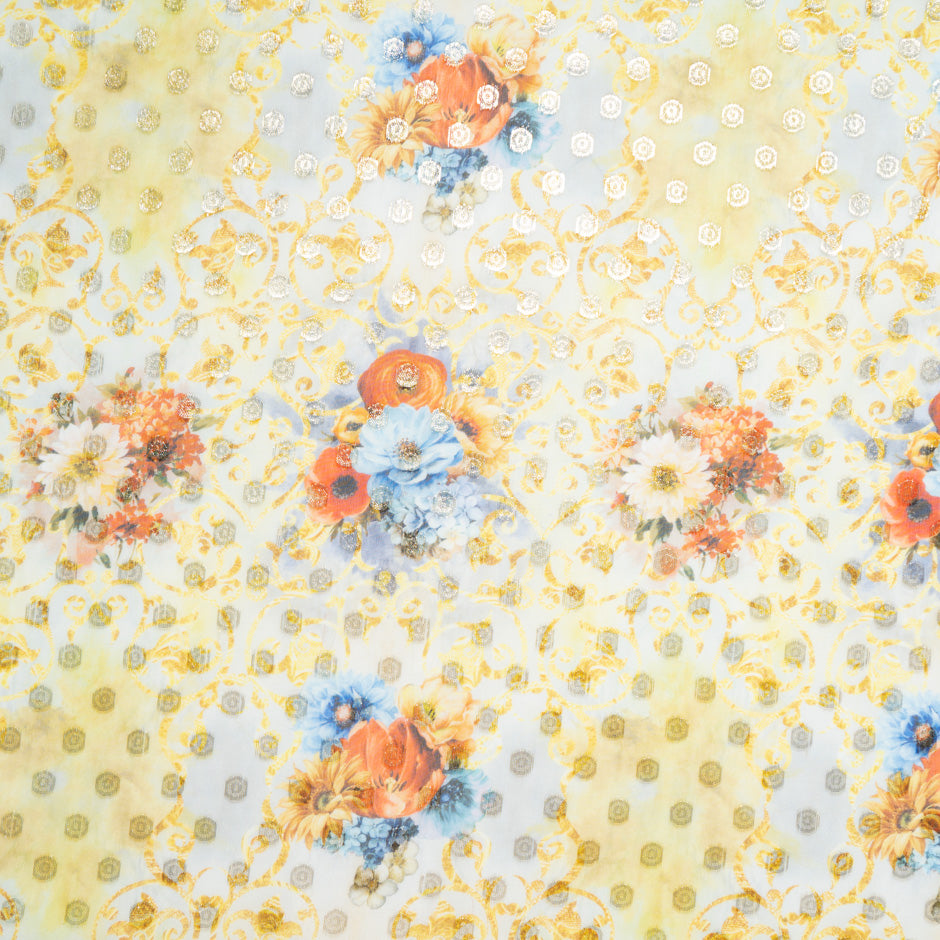 Floral Printed Metallic Spotted Silk Georgette