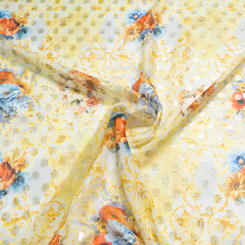 Floral Printed Metallic Spotted Silk Georgette