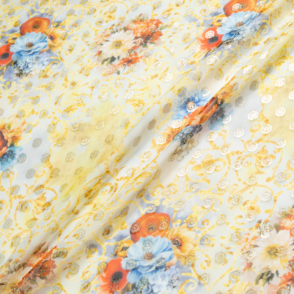 Floral Printed Metallic Spotted Silk Georgette