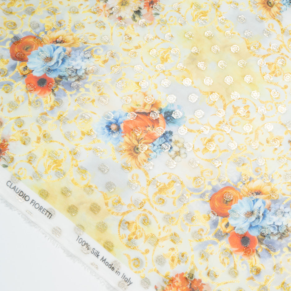 Floral Printed Metallic Spotted Silk Georgette