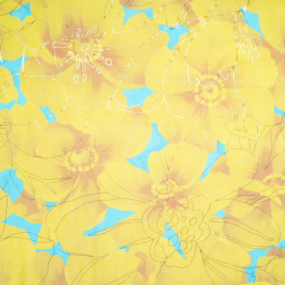 Yellow Floral Laminated Silk Georgette