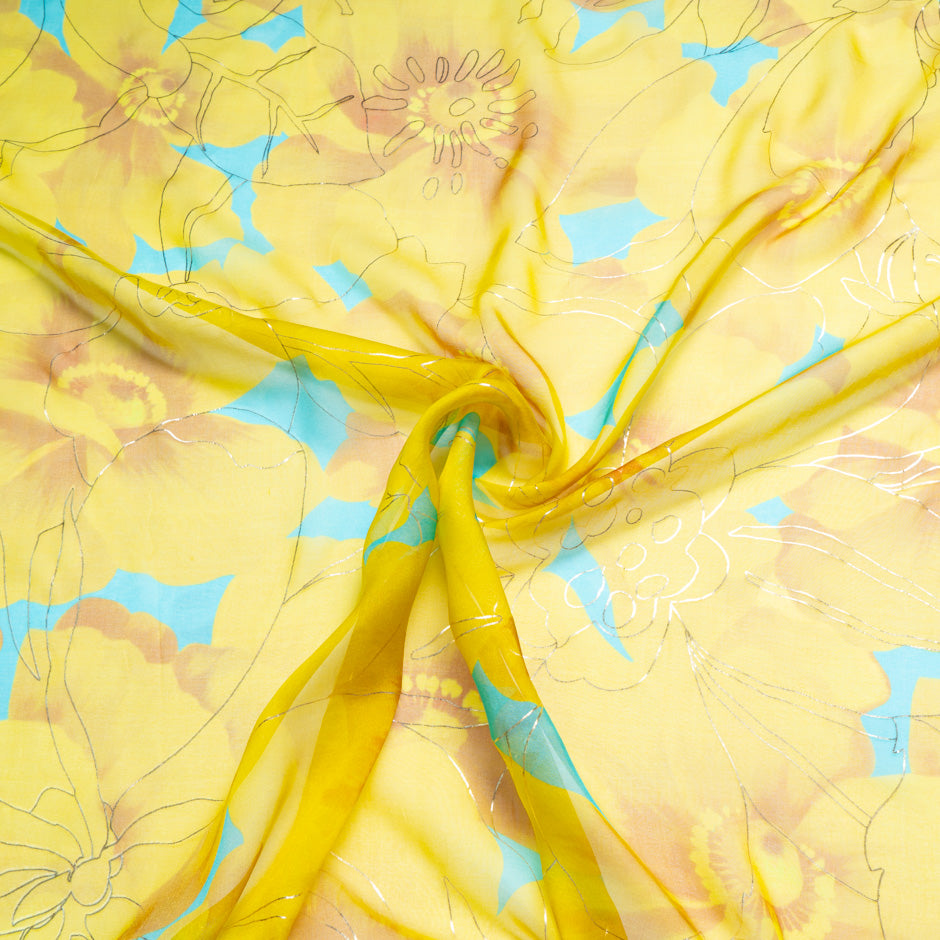 Yellow Floral Laminated Silk Georgette