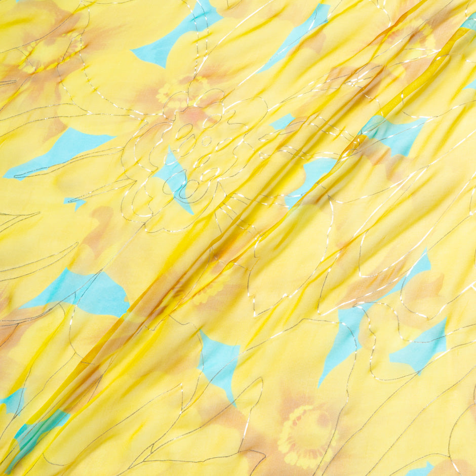 Yellow Floral Laminated Silk Georgette