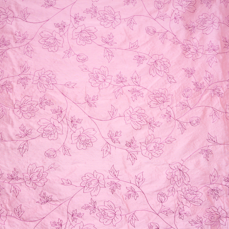 Candy Pink Floral Embroidered Silk Shantung