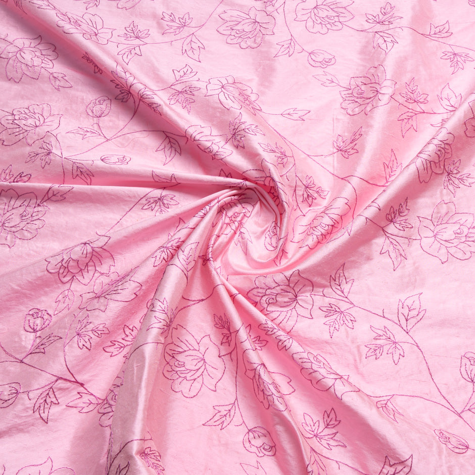 Candy Pink Floral Embroidered Silk Shantung