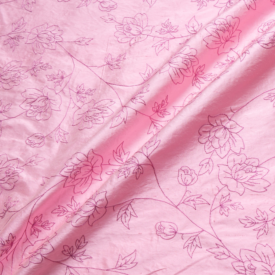 Candy Pink Floral Embroidered Silk Shantung