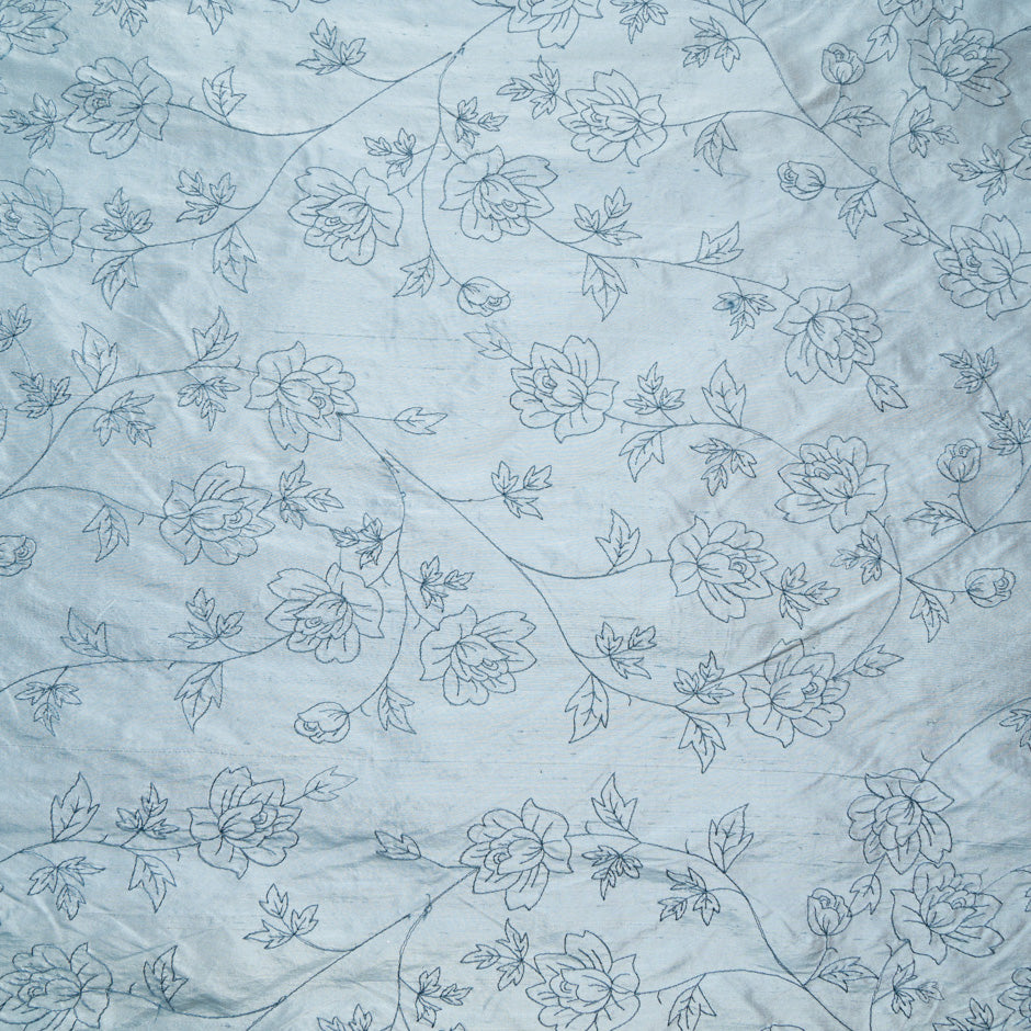 Floral Embroidered Powder Blue Silk Shantung