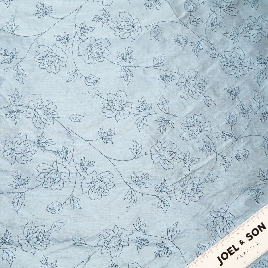 Floral Embroidered Powder Blue Silk Shantung