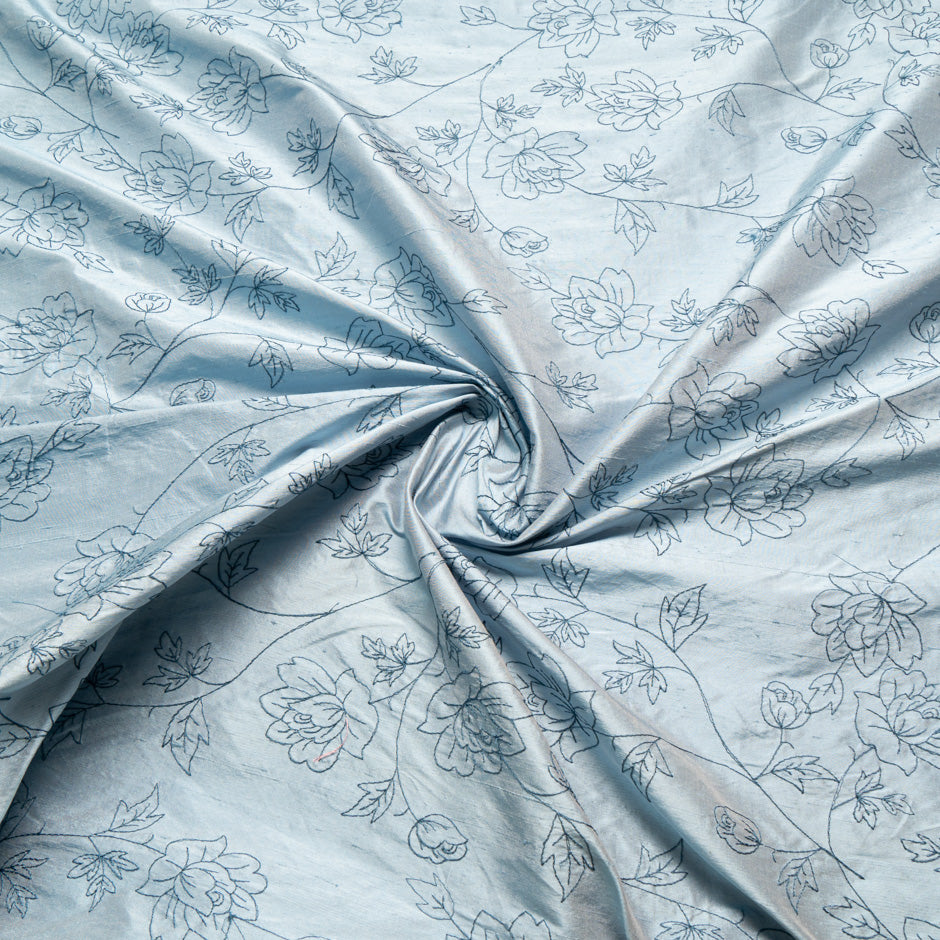 Floral Embroidered Powder Blue Silk Shantung