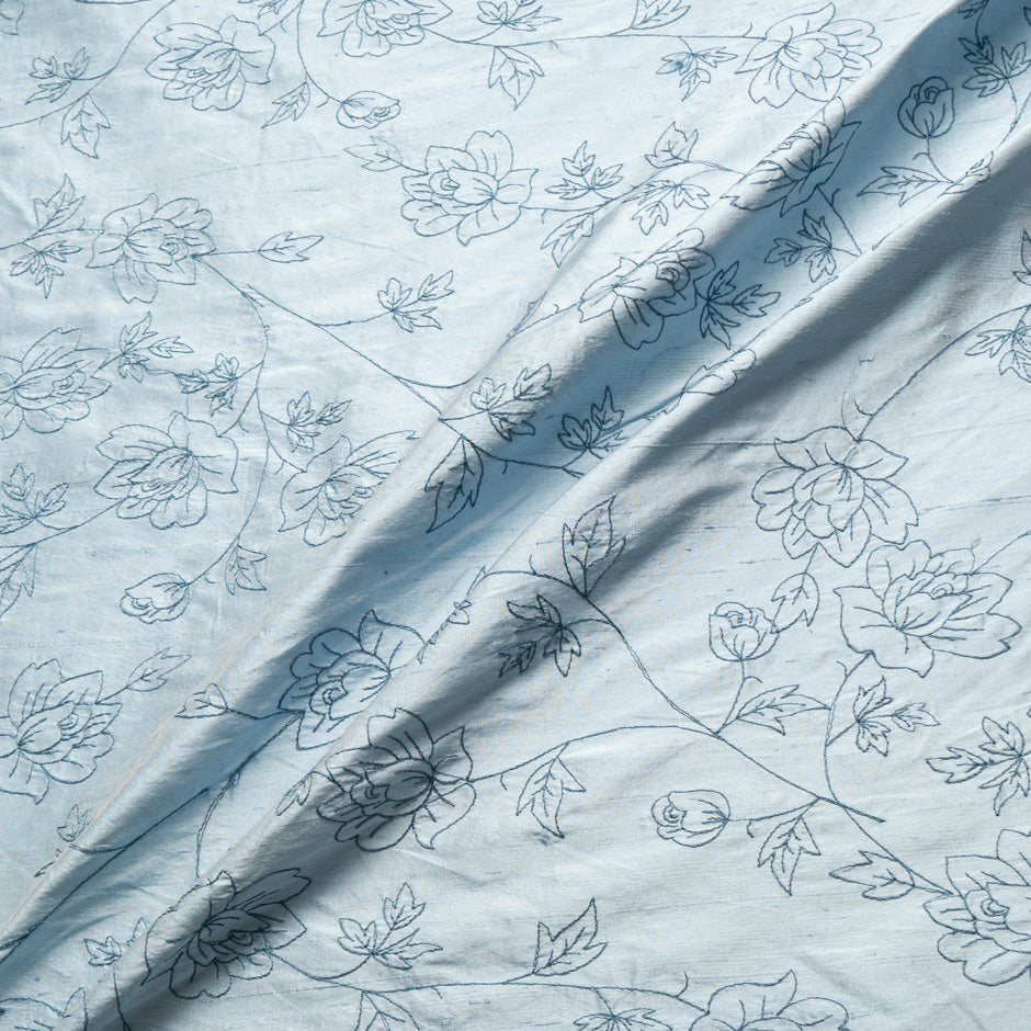 Floral Embroidered Powder Blue Silk Shantung