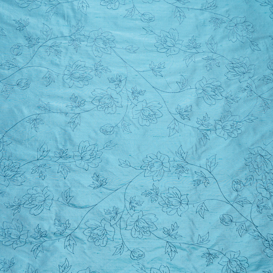 Floral Embroidered Turquoise Silk Shantung