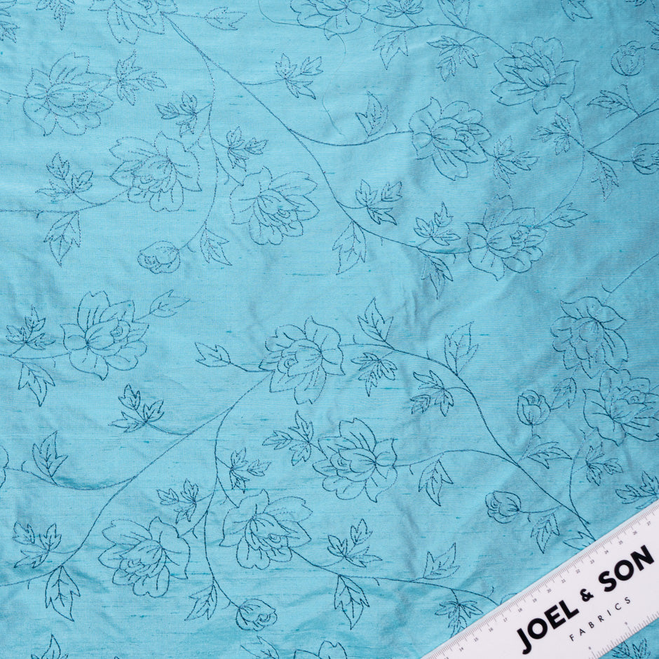 Floral Embroidered Turquoise Silk Shantung