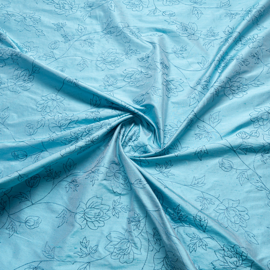 Floral Embroidered Turquoise Silk Shantung