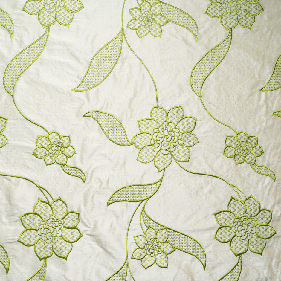 Lime Floral Embroidered Beige Silk Dupion