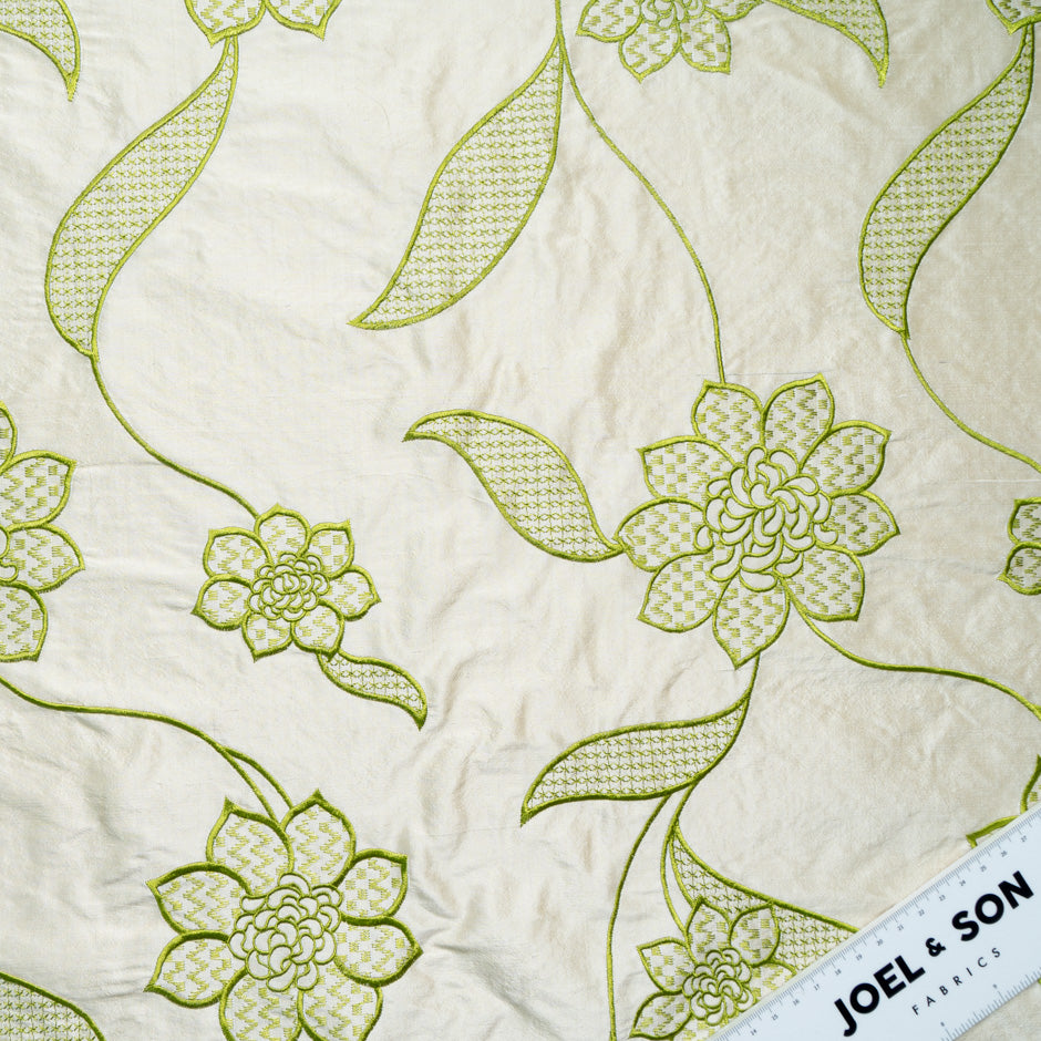 Lime Floral Embroidered Beige Silk Dupion