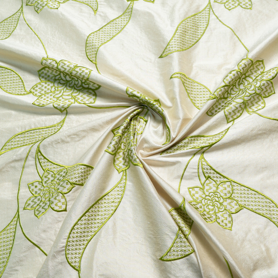 Lime Floral Embroidered Beige Silk Dupion