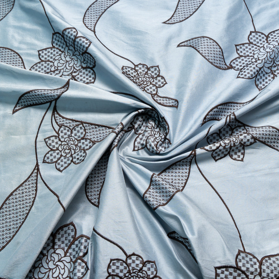 Floral Embroidered Sky Blue Silk Dupion