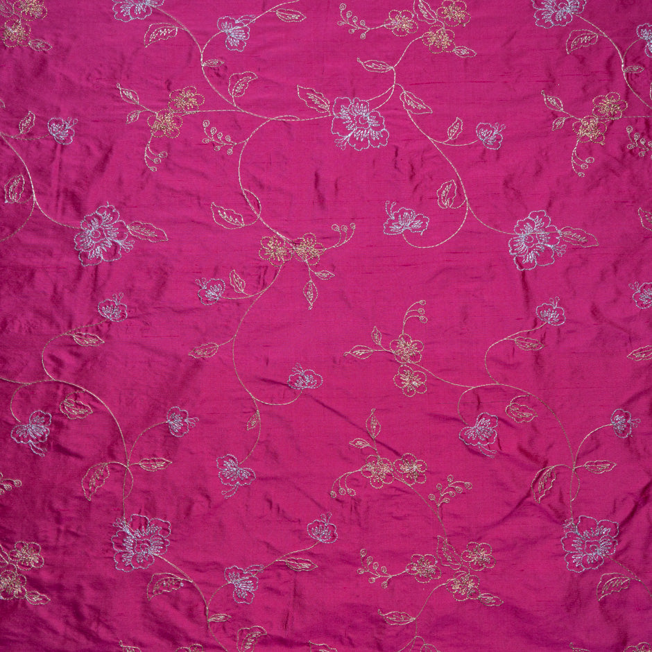 Electric Pink Floral Embroidered Silk Dupion