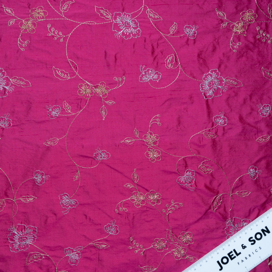 Electric Pink Floral Embroidered Silk Dupion