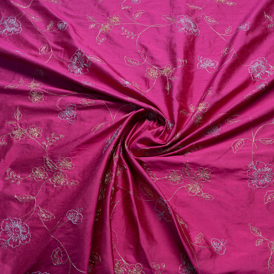 Electric Pink Floral Embroidered Silk Dupion