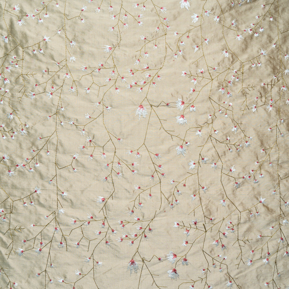 Floral Embroidered Beige Silk Shantung