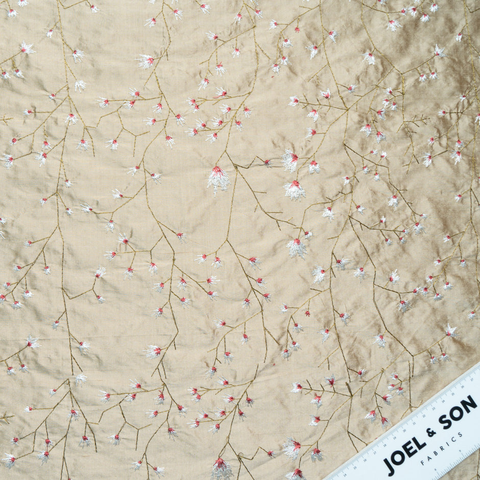 Floral Embroidered Beige Silk Shantung