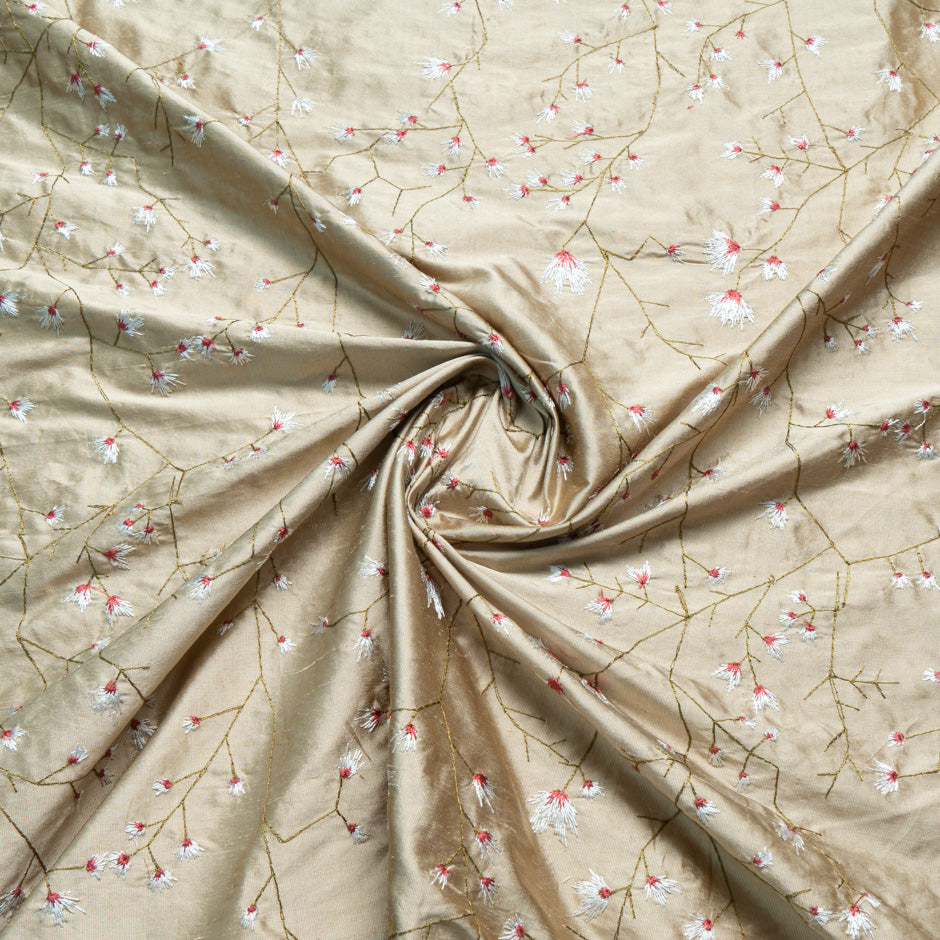 Floral Embroidered Beige Silk Shantung